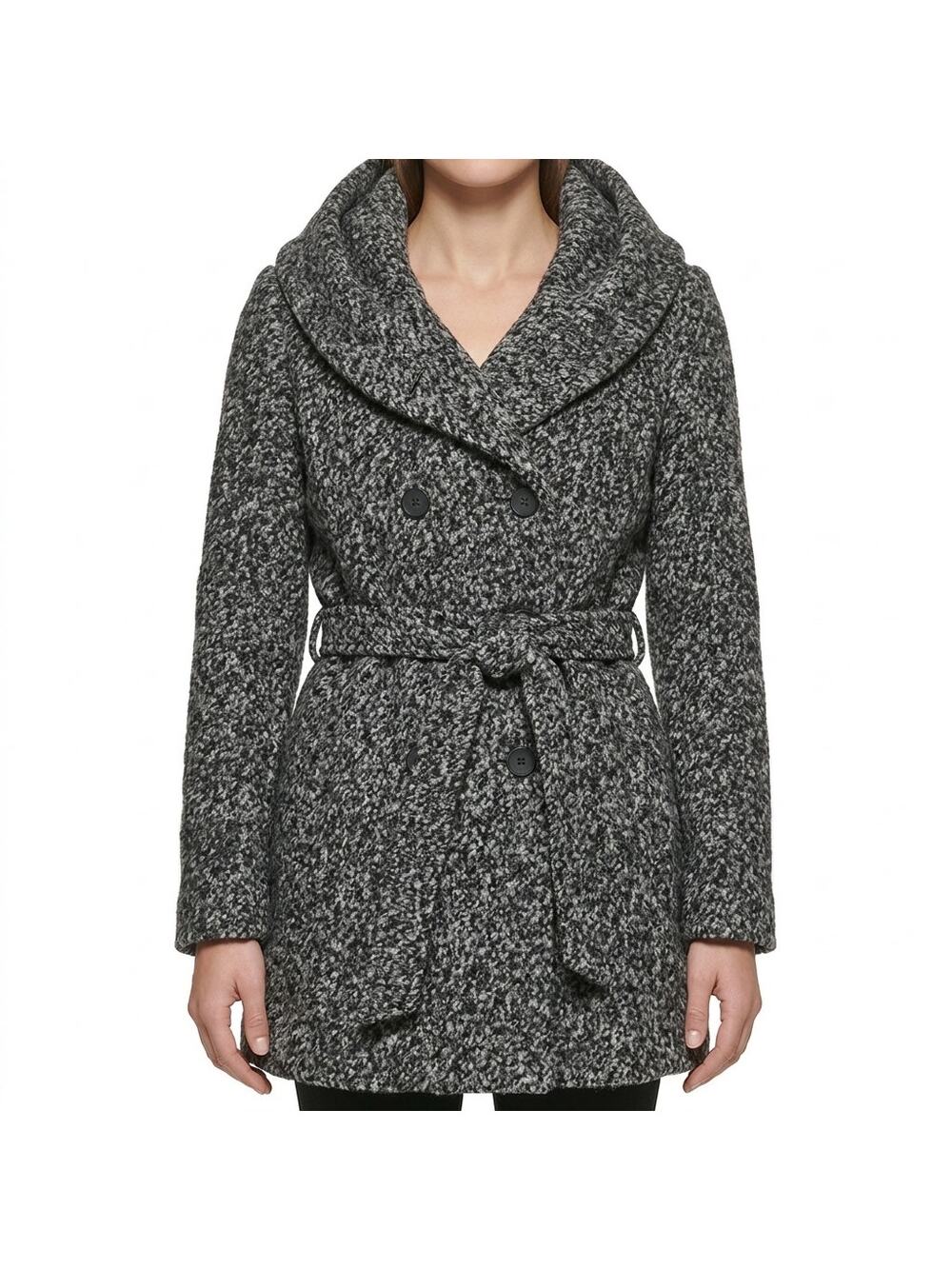 Calvin Klein Gray Marled Wool Hooded Winter Coat Shawl Collar Fabric Belt sz 10